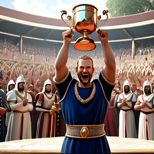 Home 11 **
Triumphant Royal Match character holding a trophy after winning a standard battle, with a celebratory background.
**