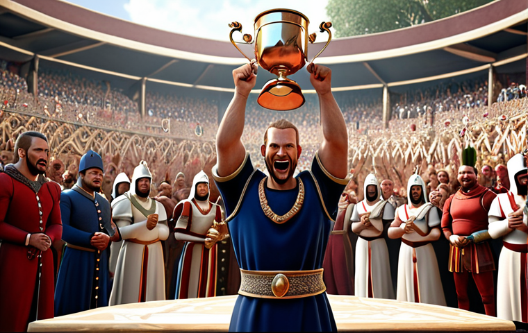 **
Triumphant Royal Match character holding a trophy after winning a standard battle, with a celebratory background.
**
